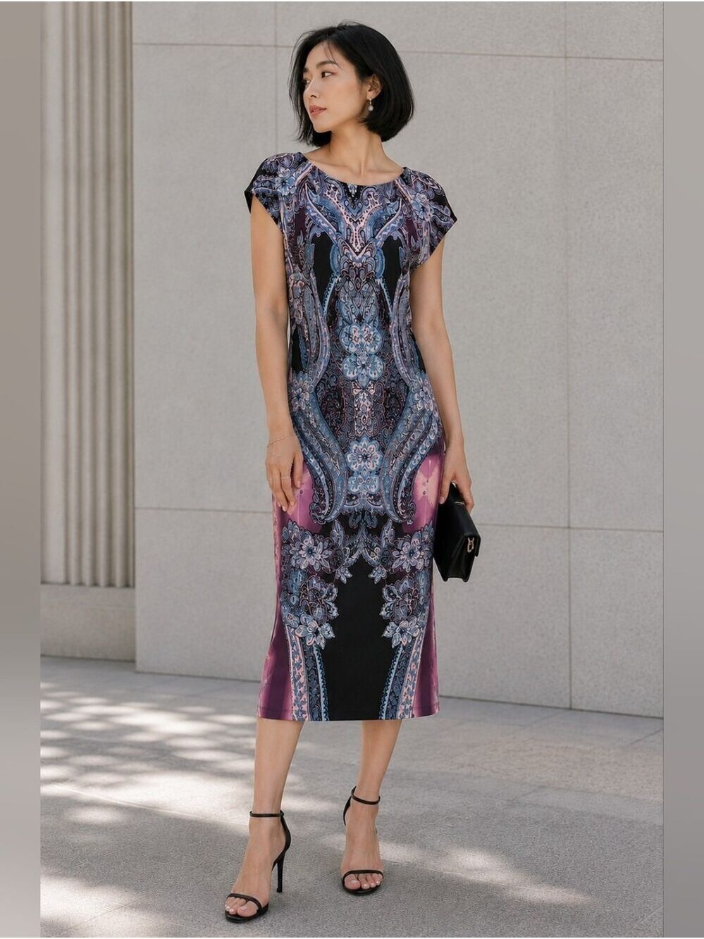ECI New York Paisley Medallion Sheath Dress Black Blue Exposed Zip Size 8